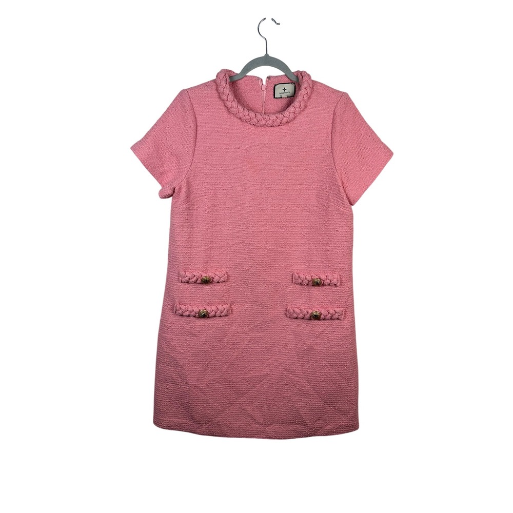 Tuckernuck Pink Boucle Shift Dress Womens Size Medium Excellent Gold Button Trim